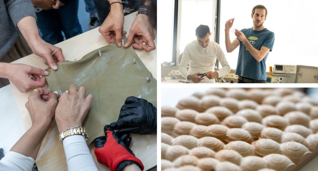 Leather molding in action, Maxime Richard and Mkhitar Evoyan guiding participants through Fab Lab's innovative processes, and a custom wooden mold designed for leather crafting.