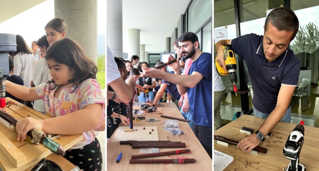 Fab Lab Armenia team and participants using digital fabrication machines to craft personalized Native American Flutes during the workshop.